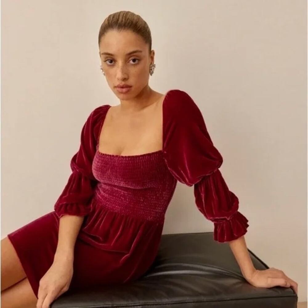 Reformation Red Crimson Velvet Smocked Juliet Sleeve Mini Dress S Whimsigoth